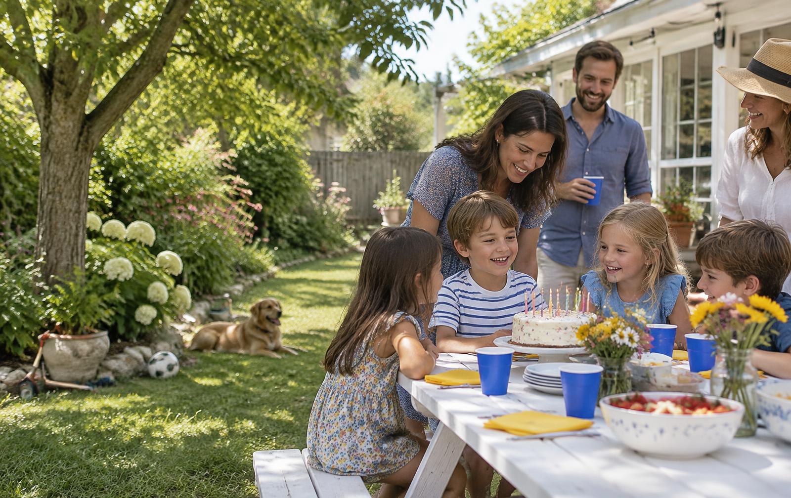 Family and friends sharing a birthday cake in the backyard